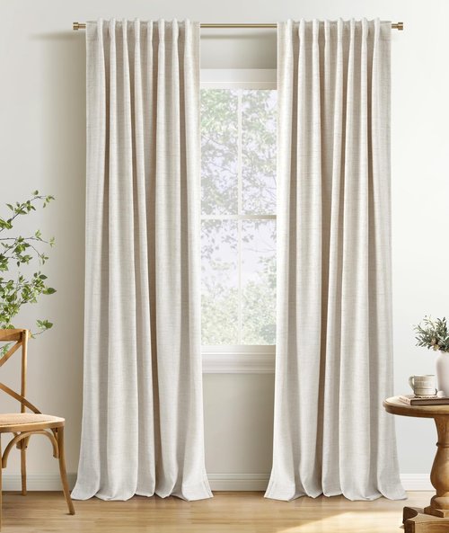 INOVADAY 100% Blackout Curtains 84 Inches Long 2 Panels Set, Back Tab/Rod Pocket Linen Blackout Curtains for Bedroom, Thermal Insulated Window Drapes - Cream, W50 X L84