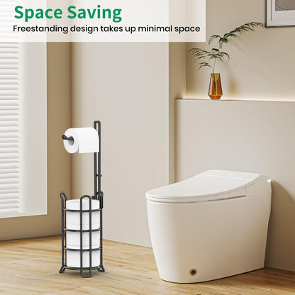 TomCare Toilet Paper Holder - Free-Standing Metal Dispenser for 3 Spare Rolls | Black Bathroom Organizer