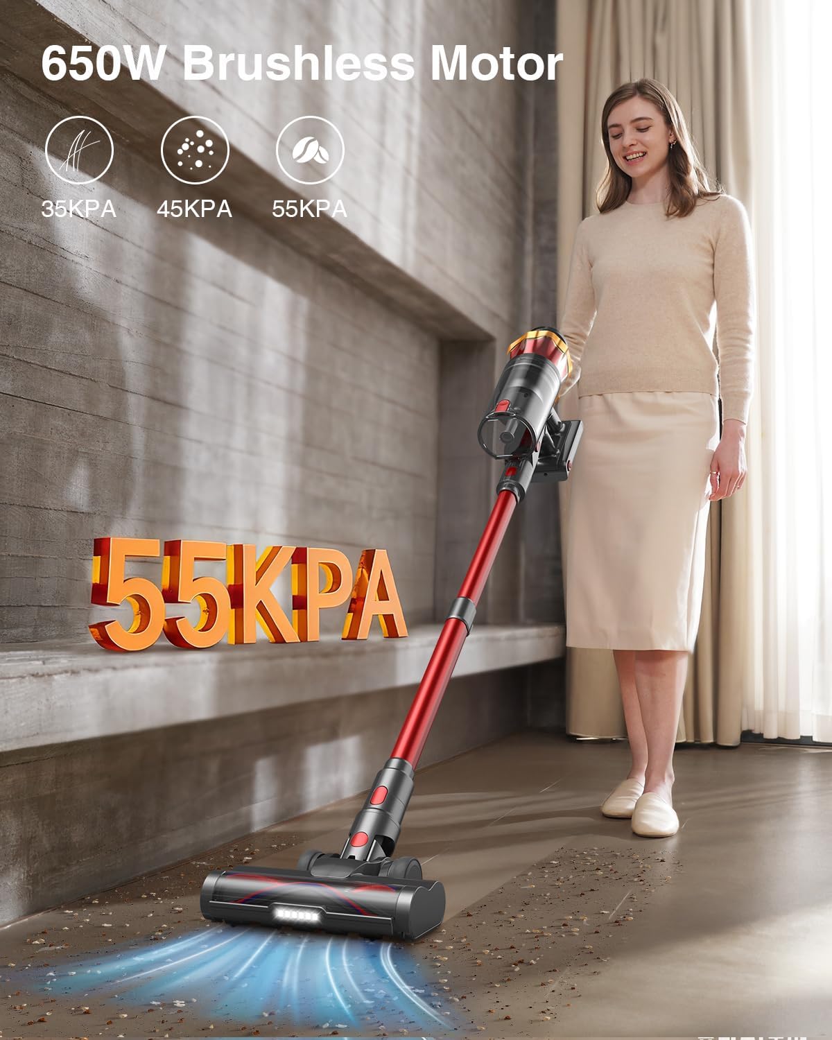 Skiennix Cordless Vacuum Cleaner - 650W Power, 70 Mins Runtime, Anti-Tangle Brush, OLED Touch Screen | Ideal for Hardwood Floors & Carpets (Red)