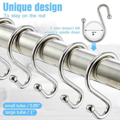 BellRhein Shower Curtain Hooks, Metal Shower Hooks for Shower Curtain Rod, Rust Proof Metal Shower Curtain Rings, S Hook Set of 12, Nickel.