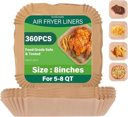 EcoSuneats 360 Pcs Heavy-Duty Air Fryer Liners - 8x8 Inch Non-Stick Parchment Paper for 5-8 QT Baskets