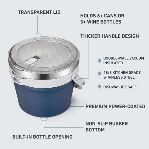 COKTIK 7L Insulated Ice Bucket with Lid，Double Wall Vacuum Stainless Steel Beverage Bucket Keeps Frozen Longer，Holds 6 Longnecks or 3 Bottles of Wine，for Cocktail, Champagne, (Navy,1 Pack)