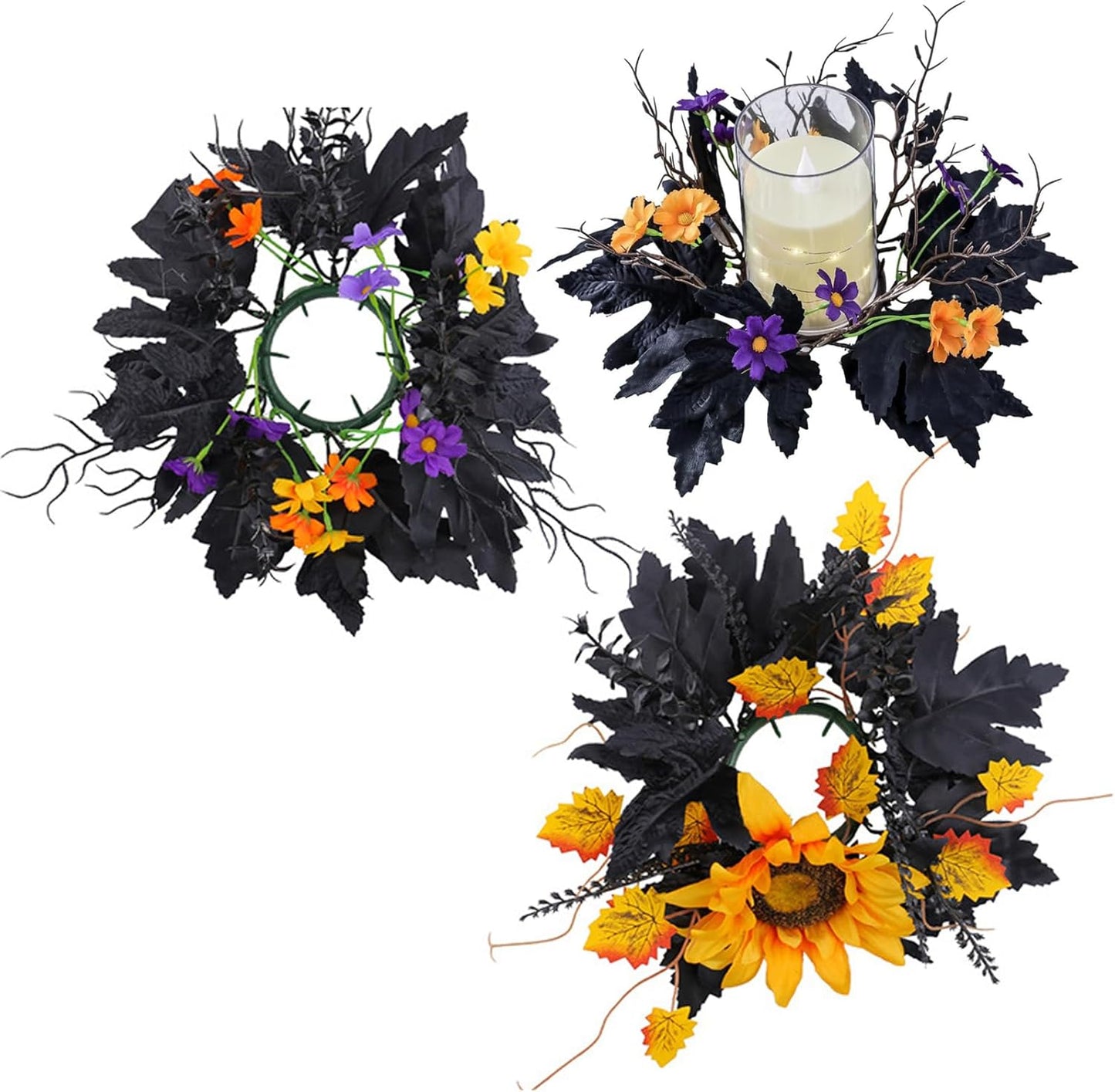 Skiennix Halloween Candle Rings - 2 Pack Artificial Leaves Wreaths for Festive Home Decor
