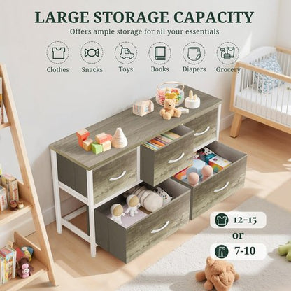5-Drawer Dresser for Bedroom, Anti-Tip Wide Storage Organizer Fabric Chest of Drawers TV Stand for 45" TV with Wooden Top and Metal Frame for Closet, Living Room, Hallway, Entryway, Greige Oak