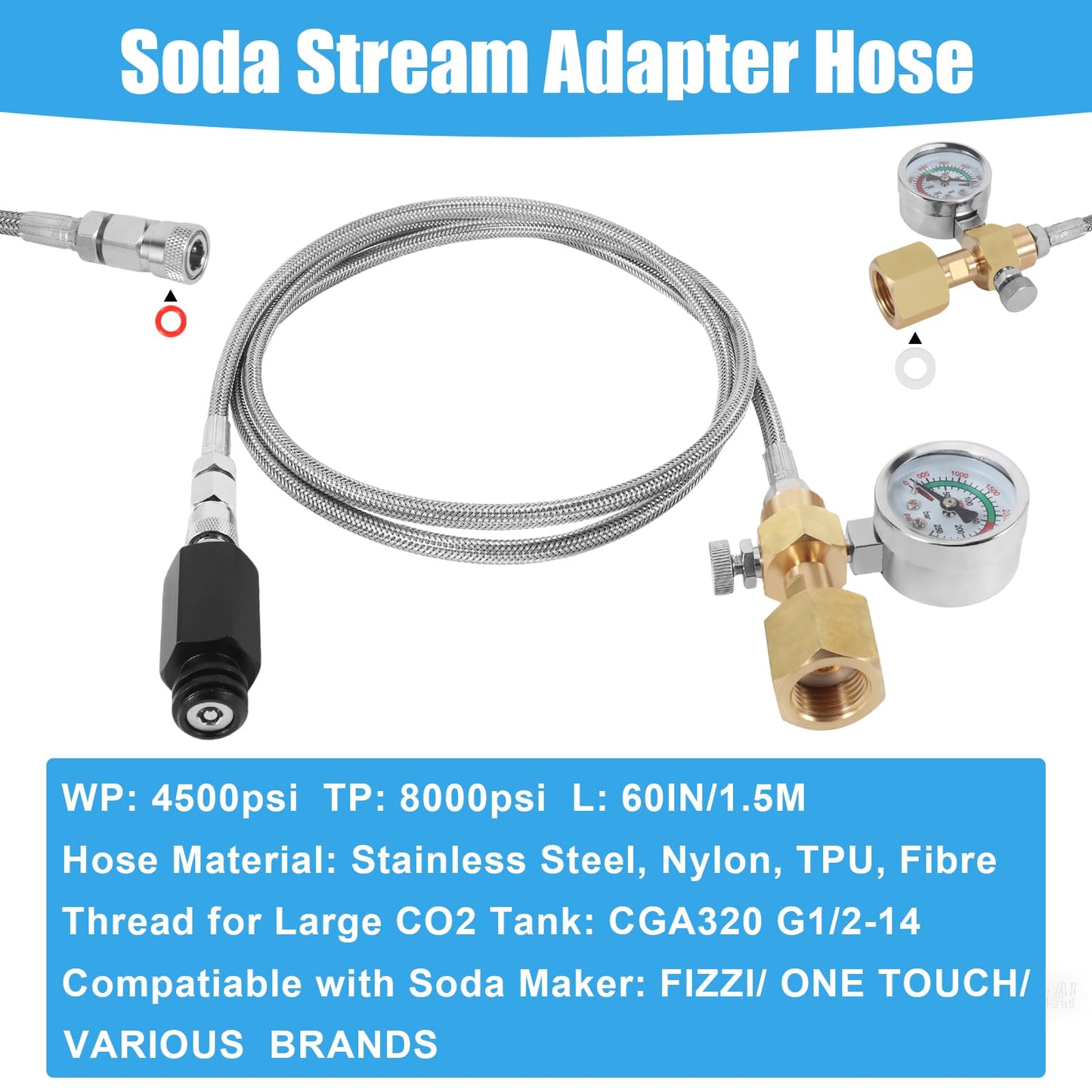 Soda Maker Adapter Soda Maker Connector with Larger Pressure Gauge, CO2 Tank CO2 Cylinder Adapter with Stainless Steel Hose, CGA320 to TR21-4 Carbonated Water Maker for Fizzi One Touch Jet Ninja