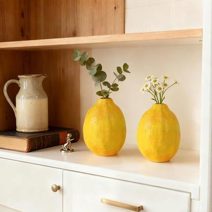 Cynkeyee Unique Lemon-Shaped Vases - Set of 2 Ceramic Decor for Flowers | 3.5 x 3.5 x 4.5 Inch