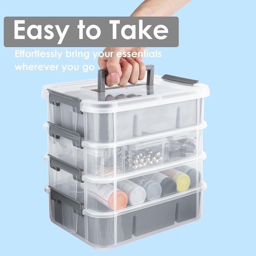 CraftGenes Grey & White Modern Plastic Storage Box - 4-Layer Durable Organizer with 2 Removable Trays for Crafts & Office Supplies