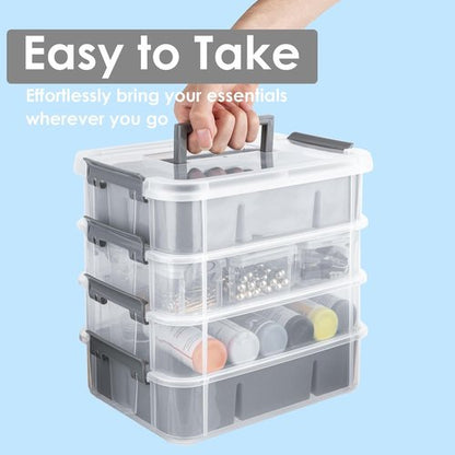 CraftGenes Grey & White Modern Plastic Storage Box - 4-Layer Durable Organizer with 2 Removable Trays for Crafts & Office Supplies