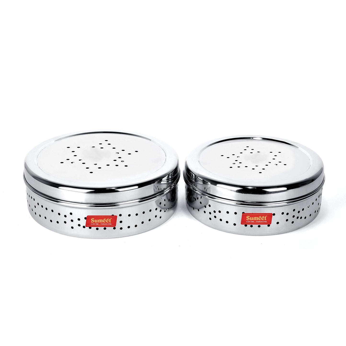 Sumeet Stainless Steel Hole Puri Dabbas/Flat Canisters with Air Ventilation Set of 2, Size No.10-17cm Dia, No.11-18.5cm Dia