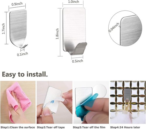 JINSHUNFA Heavy Duty Adhesive Hooks - Ultra Strong Waterproof Stainless Steel | 12 Pack for Home & Office