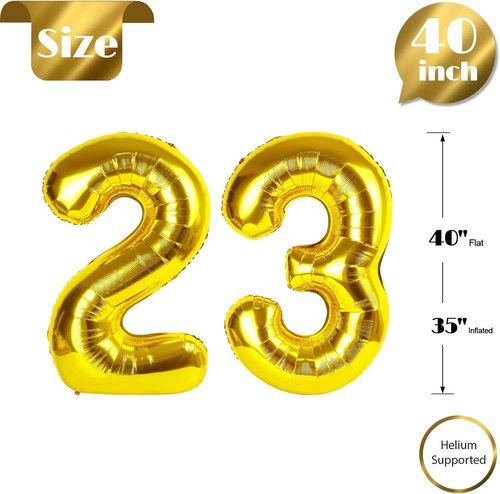 Gold Number 23 Balloon - 40 Inch Metallic Birthday Decoration for 23rd Celebration | Party Supplies