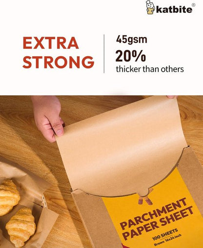 Katbite 16x24 Inch Parchment Paper Sheets - 100 Non-Stick Precut Baking Liners | Unbleached for Cooking & Grilling