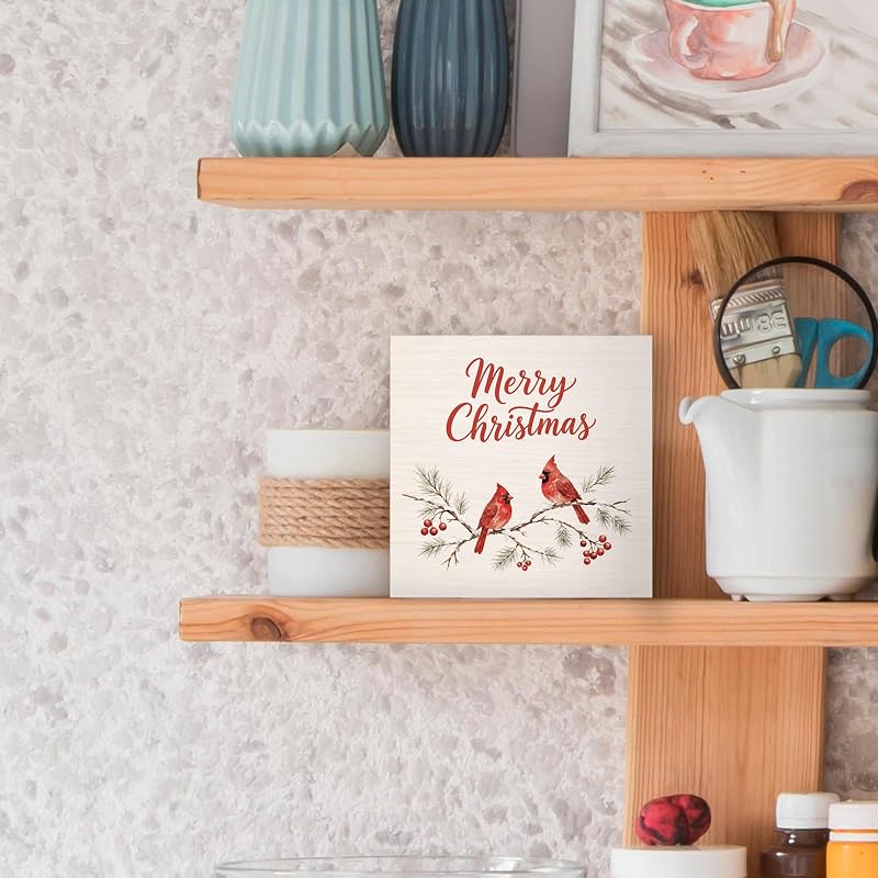 Winter Cardinal Desk Box Sign - 5x5 in Christmas Wood Decor, Variation of THIS listing: Cardinals 02