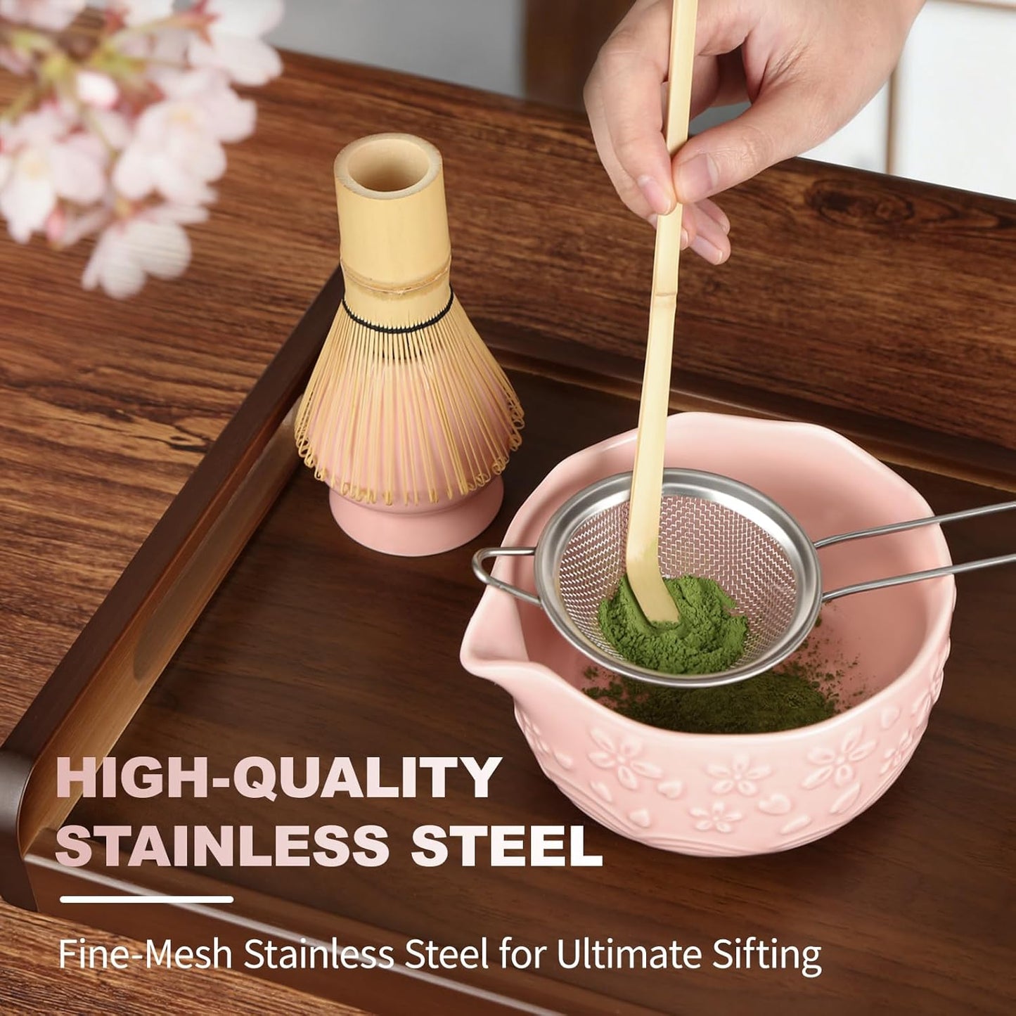 SIMPLETaste Matcha Whisk Set - 7-Piece Ceramic Kit with Bowl, Whisk, Bamboo Scoop & More | Pink