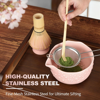 SIMPLETaste Matcha Whisk Set - 7-Piece Ceramic Kit with Bowl, Whisk, Bamboo Scoop & More | Pink