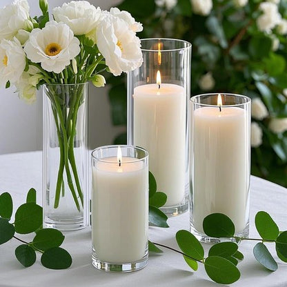 Homjoy 36 PCS White Pillar Candles - Elegant Glass Holders for Weddings & Home Decor | 18 Candles + 18 Holders