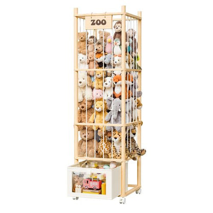 upsimples 58in Stuffed Animal Storage with Drawer and Wheels, Natural Wood Large Capacity Plushies Holder & Organizer for Bedroom Corner