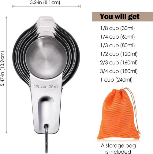 AMOHEE 7PCS Stainless Steel Measuring Cups - Durable & Dishwasher Safe with Storage Bag