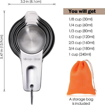 AMOHEE 7PCS Stainless Steel Measuring Cups - Durable & Dishwasher Safe with Storage Bag