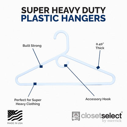 Super Heavy Duty Plastic Hangers - Made in USA | 24 Pack of Durable White Hangers