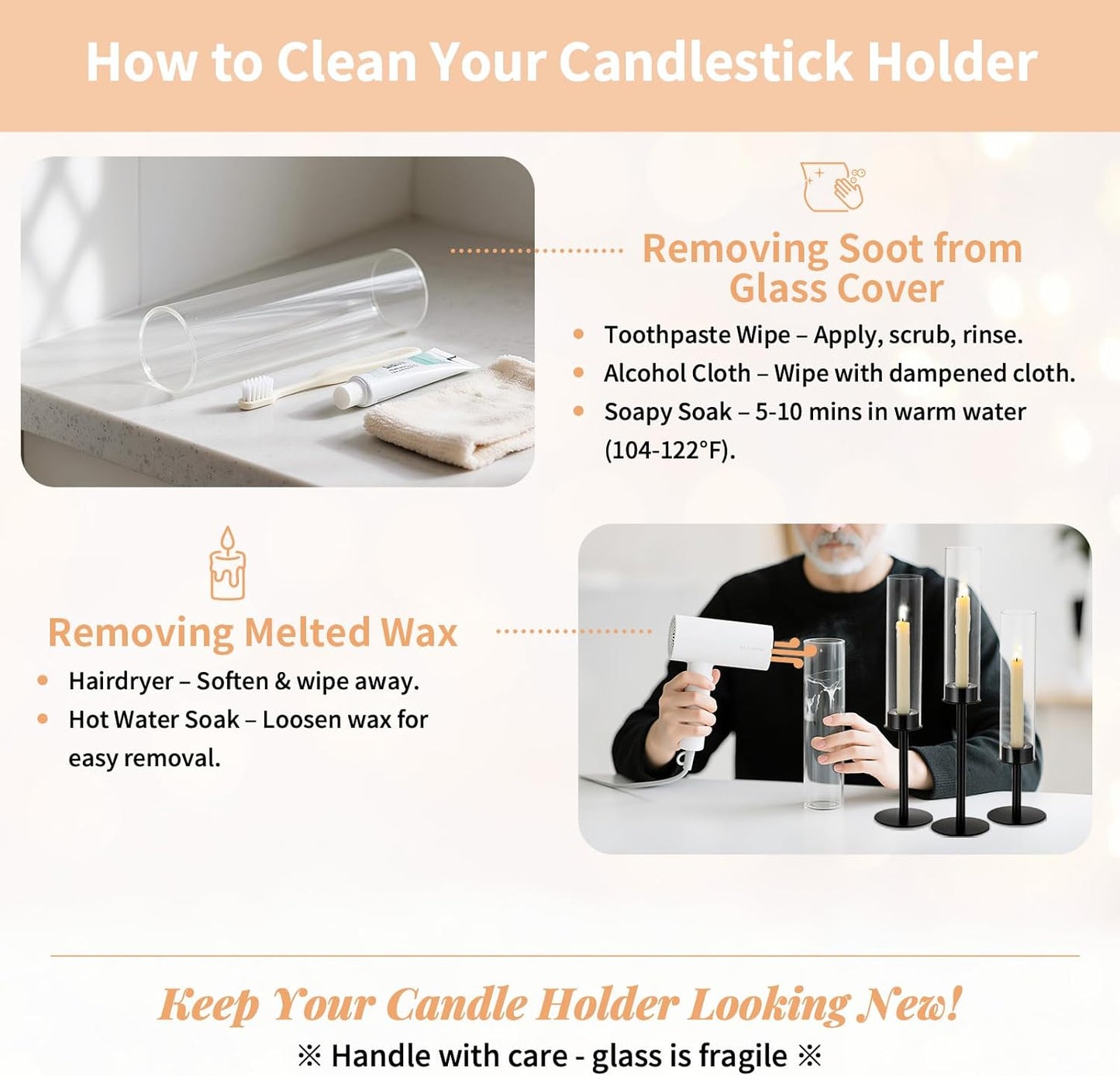 NUPTIO Black Candlestick Holders - Set of 3 Hurricane Taper Holders with Windproof Glass Cover for Elegant Table Decor