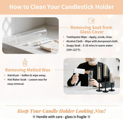 NUPTIO Black Candlestick Holders - Set of 3 Hurricane Taper Holders with Windproof Glass Cover for Elegant Table Decor
