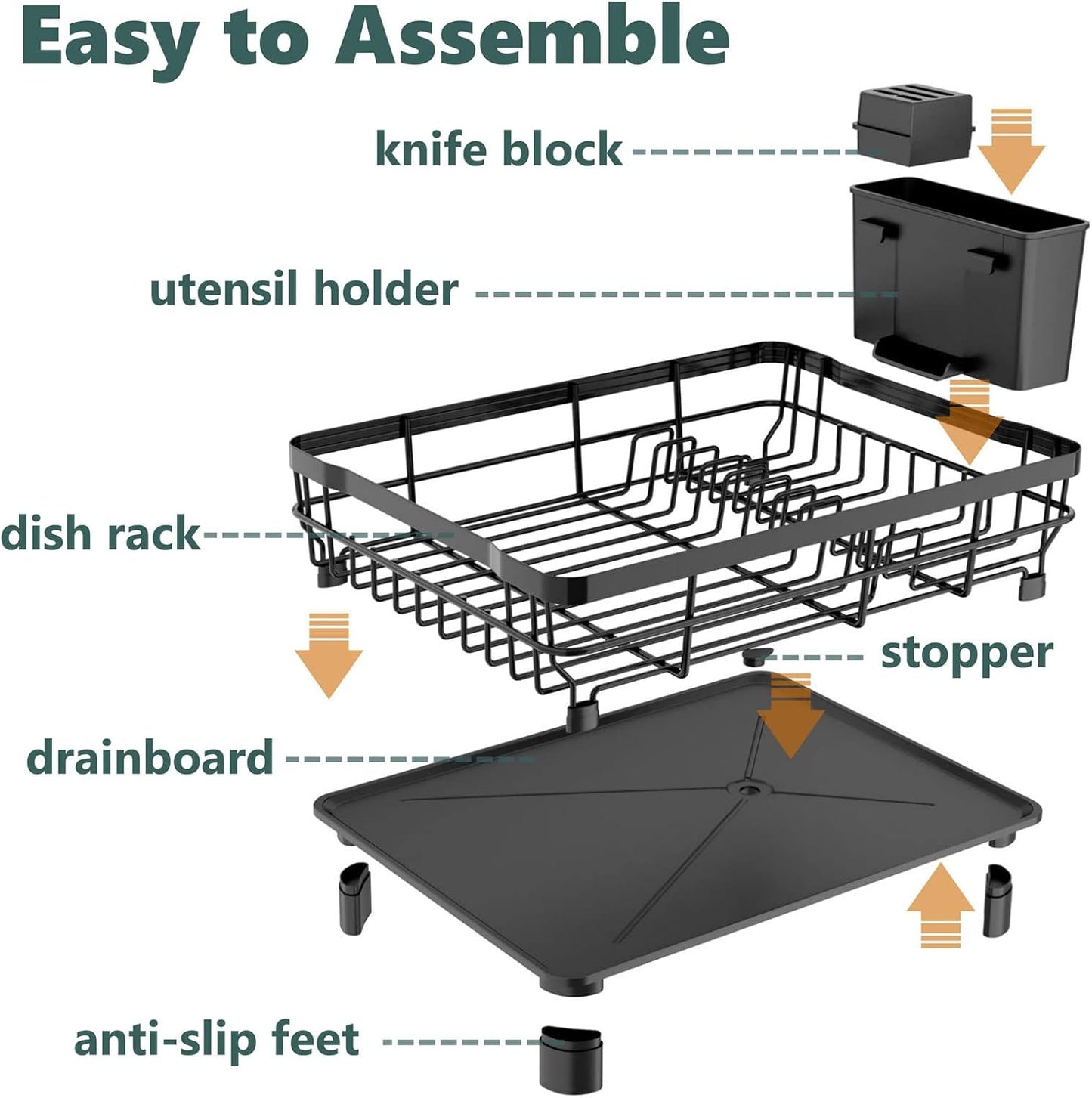 Skiennix Iron Dish Drying Rack - Extendable Kitchen Counter Drainer with Utensil Holder & Knife Slots, Black