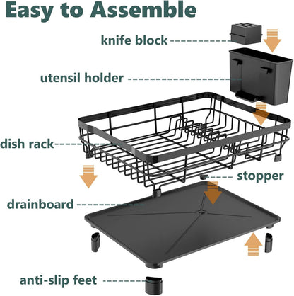 Skiennix Iron Dish Drying Rack - Extendable Kitchen Counter Drainer with Utensil Holder & Knife Slots, Black