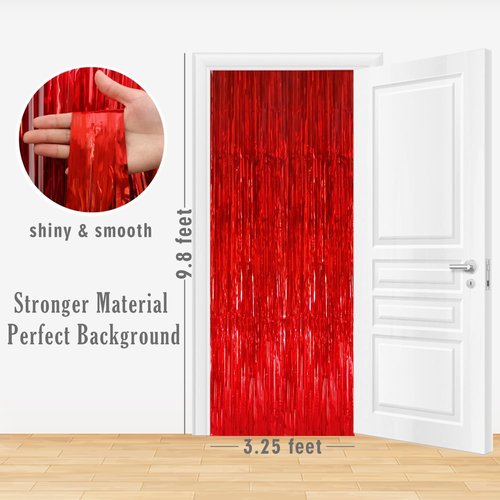 GOER Metallic Tinsel Foil Fringe Curtains - 3.2 ft x 9.8 ft Red Party Backdrop for Birthdays & Weddings