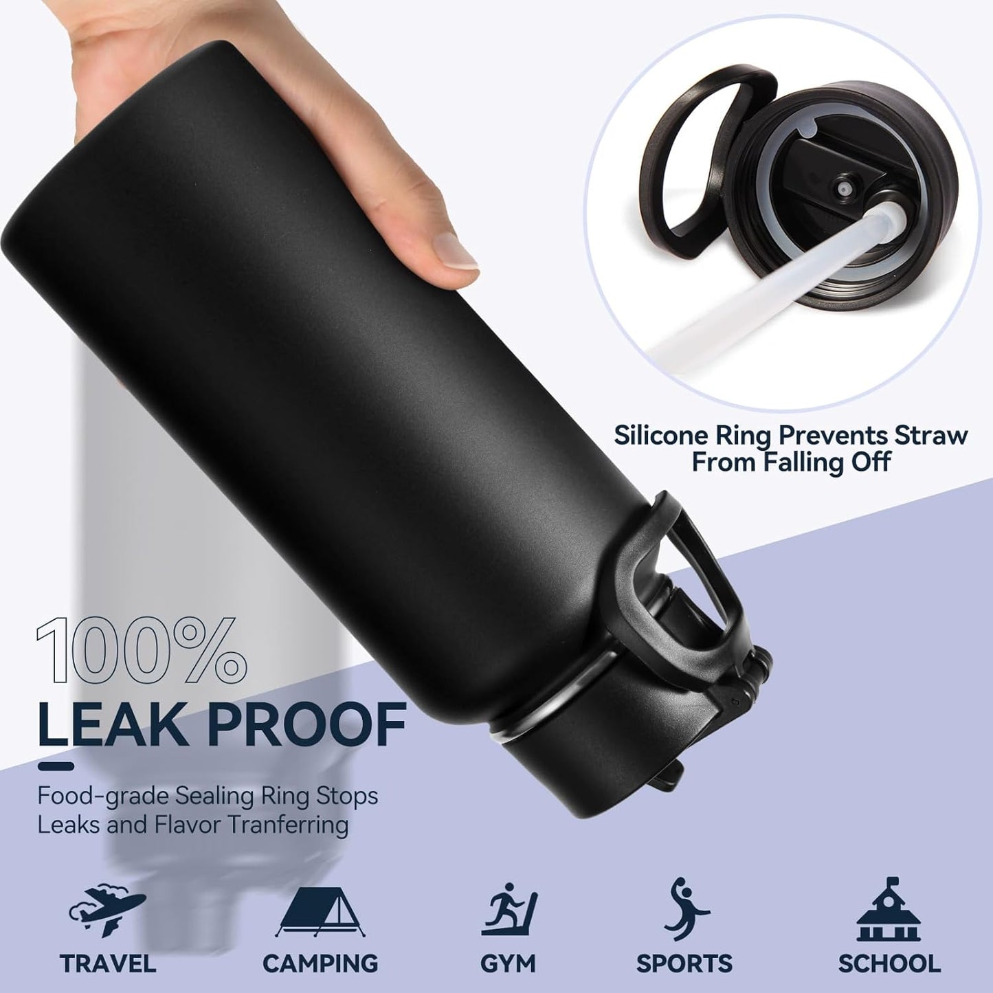 Neihepal Insulated Water Bottle - 32 oz Double Wall Stainless Steel with Straw & Spout Lids | Black