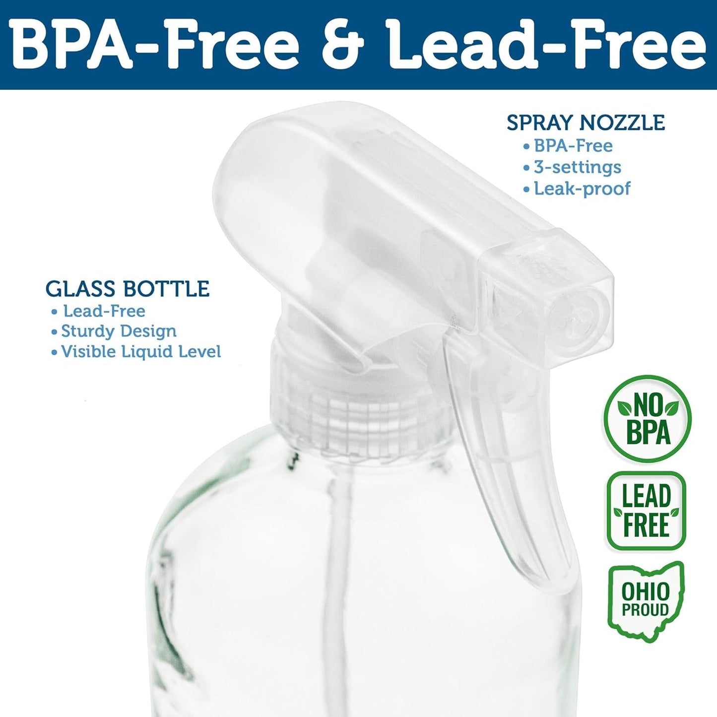 Sally's Organics® Clear Glass Spray Bottles - Refillable 16 oz for Essential Oils & Cleaning - 2 Pack