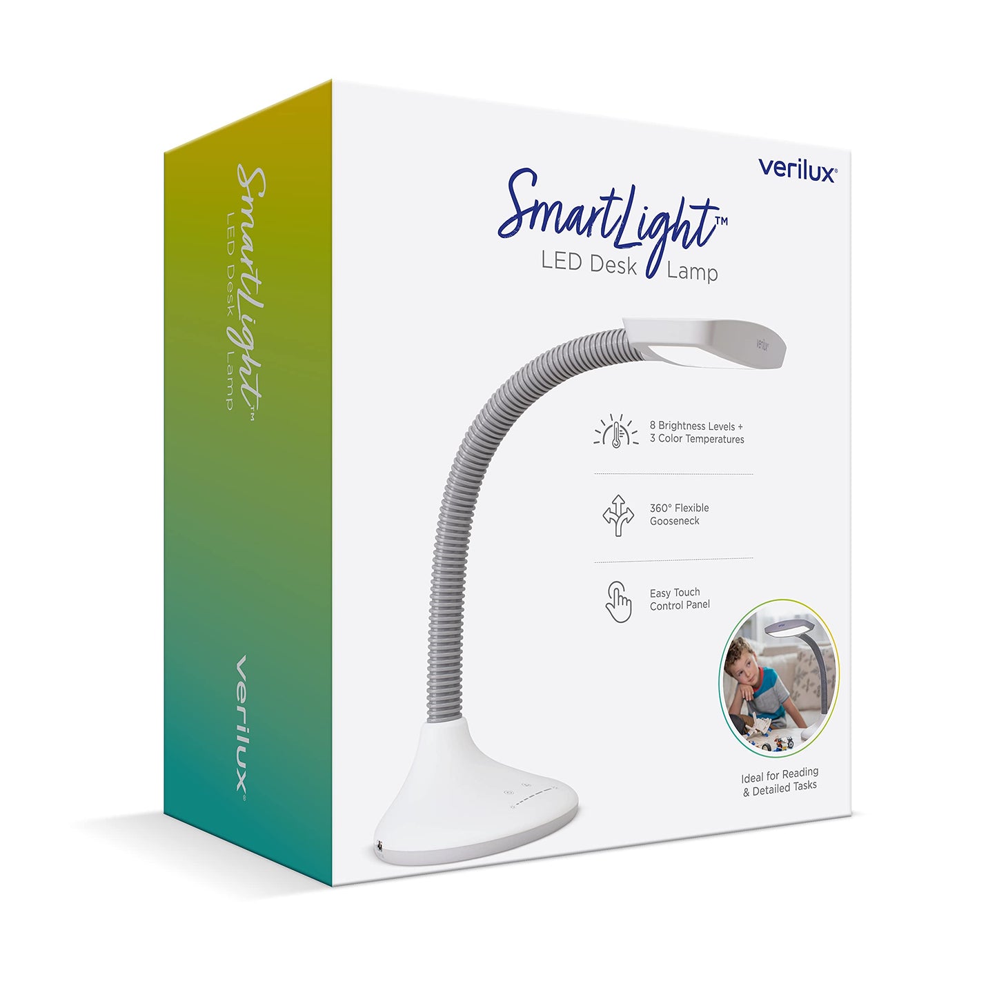 Verilux SmartLight Full Spectrum LED Desk Lamp with Adjustable Brightness, Flexible Gooseneck and Integrated USB Charging Port - Reduces Eye Strain and Fatigue - Ideal for Readers, Artists, Crafters
