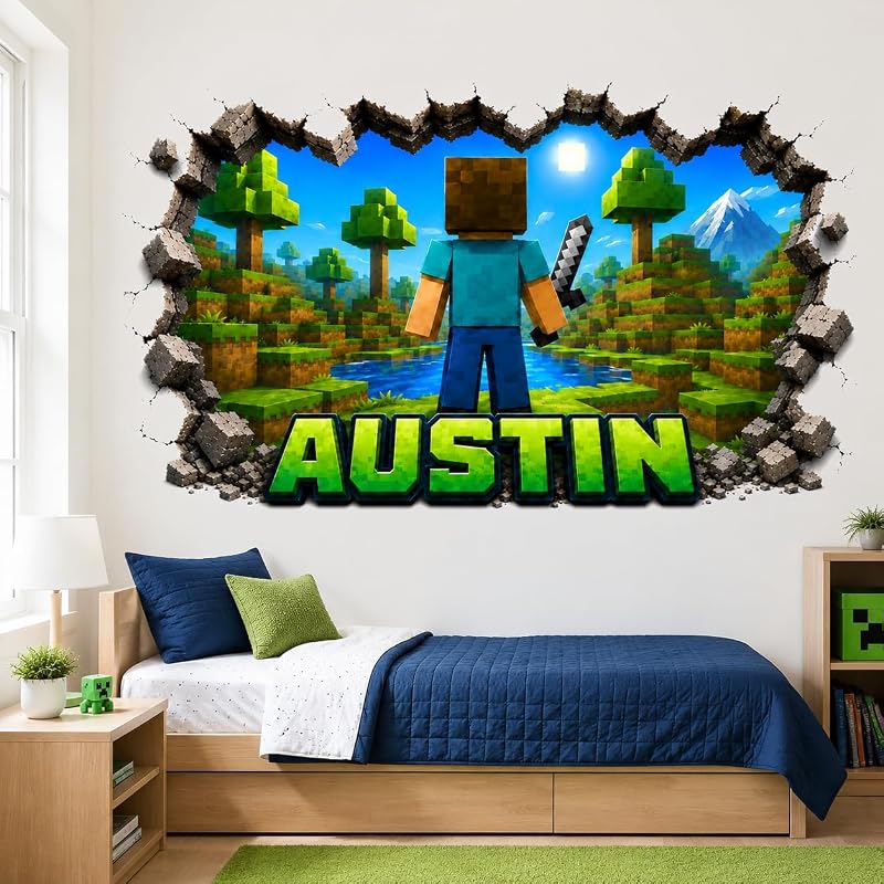 Personalized Pixel Gamer Wall Decal - Custom Name 3D Broken Wall Video Game Room Decor