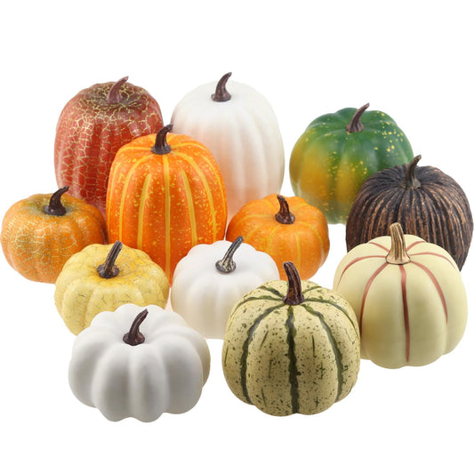 Ginojex 12 Pcs Fake Pumpkins Set Artificial Vegetable Assorted Size for Fall Autumn Halloween Thanksgiving Christmas Decorations