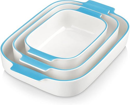 MALACASA Casserole Dishes Set of 3 - Ceramic Baking Pans with Handles | Rectangular Lasagna Pans in White with Blue Trim (13.8''/11.7''/9.4'')