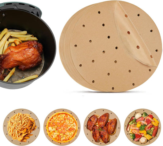 Vailnd Air Fryer Parchment Paper - 50 Unbleached Round Liners | 8.5-Inch Perforated Sheets for Baking & Cooking