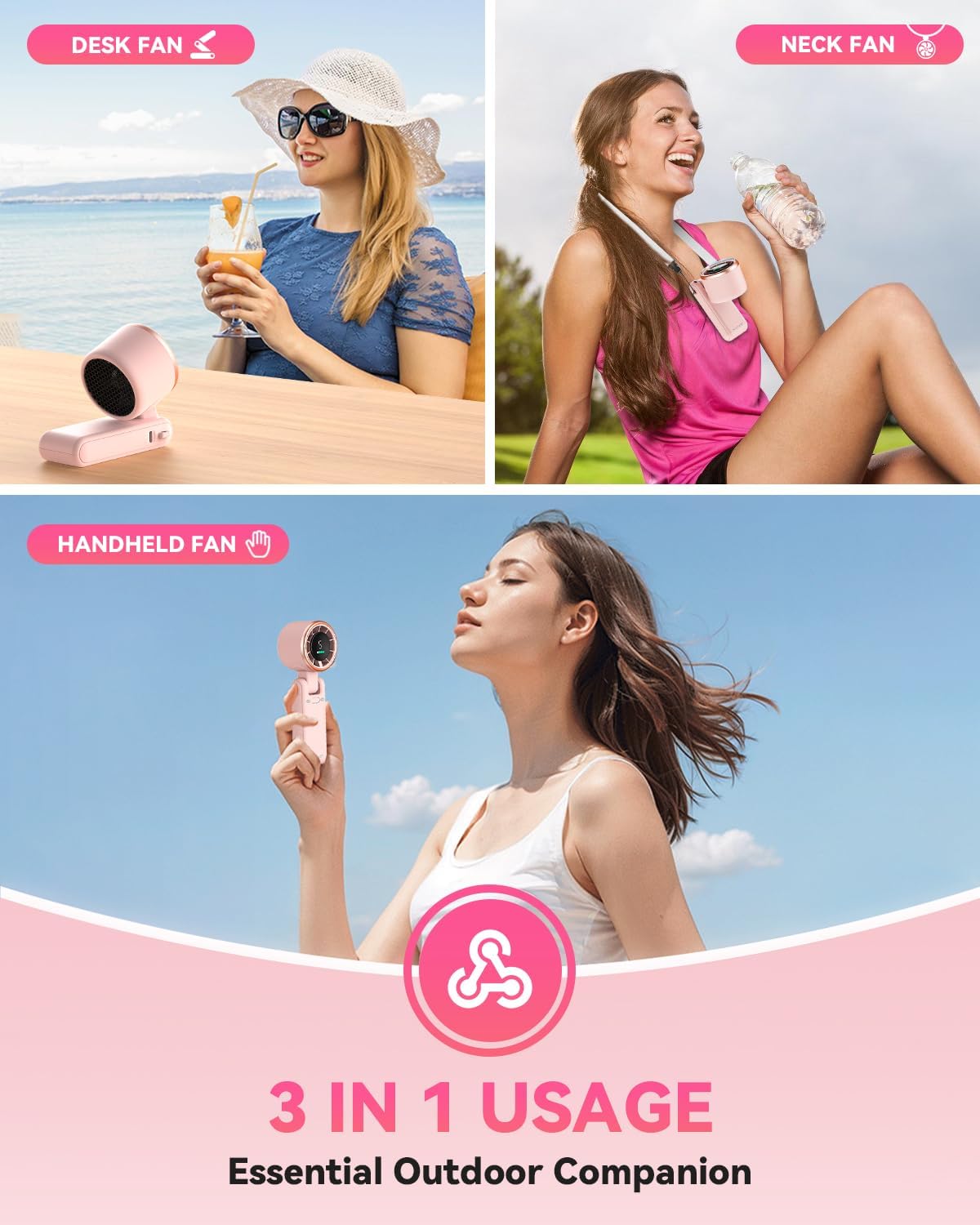 PlayHot Portable Handheld Turbo Fan - 5-Speed Rechargeable 5000mAh Battery | Lightweight 0.6lb 3-in-1 Fan (Pink)
