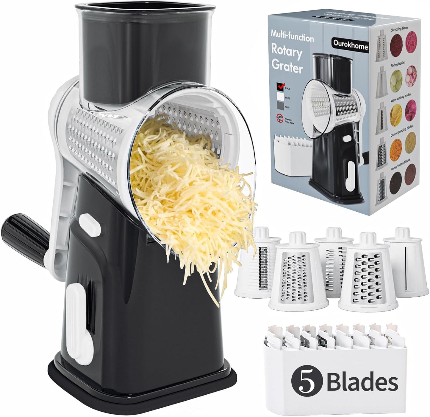 Ourokhome Cheese Grater - Crank Cheese Shredder & Mandoline Slicer with 5 Blades | Strong Suction Base, Black