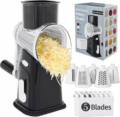 Ourokhome Cheese Grater - Crank Cheese Shredder & Mandoline Slicer with 5 Blades | Strong Suction Base, Black