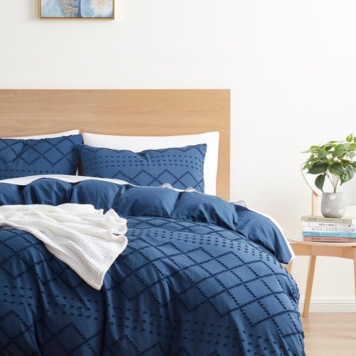 Boho Bedding Queen Duvet Cover Set - Navy Textured 3-Piece Tufted Design, 90x90 Inches with Zipper Closure