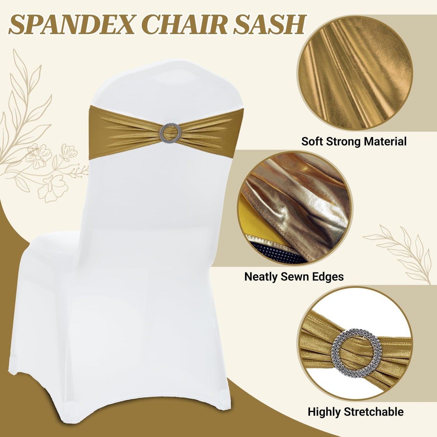 MDS Spandex Foil Chair Sashes - Universal Fit Elastic Stretch Bands with Buckle for Weddings | Metallic Gold - Pack of 150