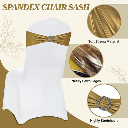 MDS Spandex Foil Chair Sashes - Universal Fit Elastic Stretch Bands with Buckle for Weddings | Metallic Gold - Pack of 150