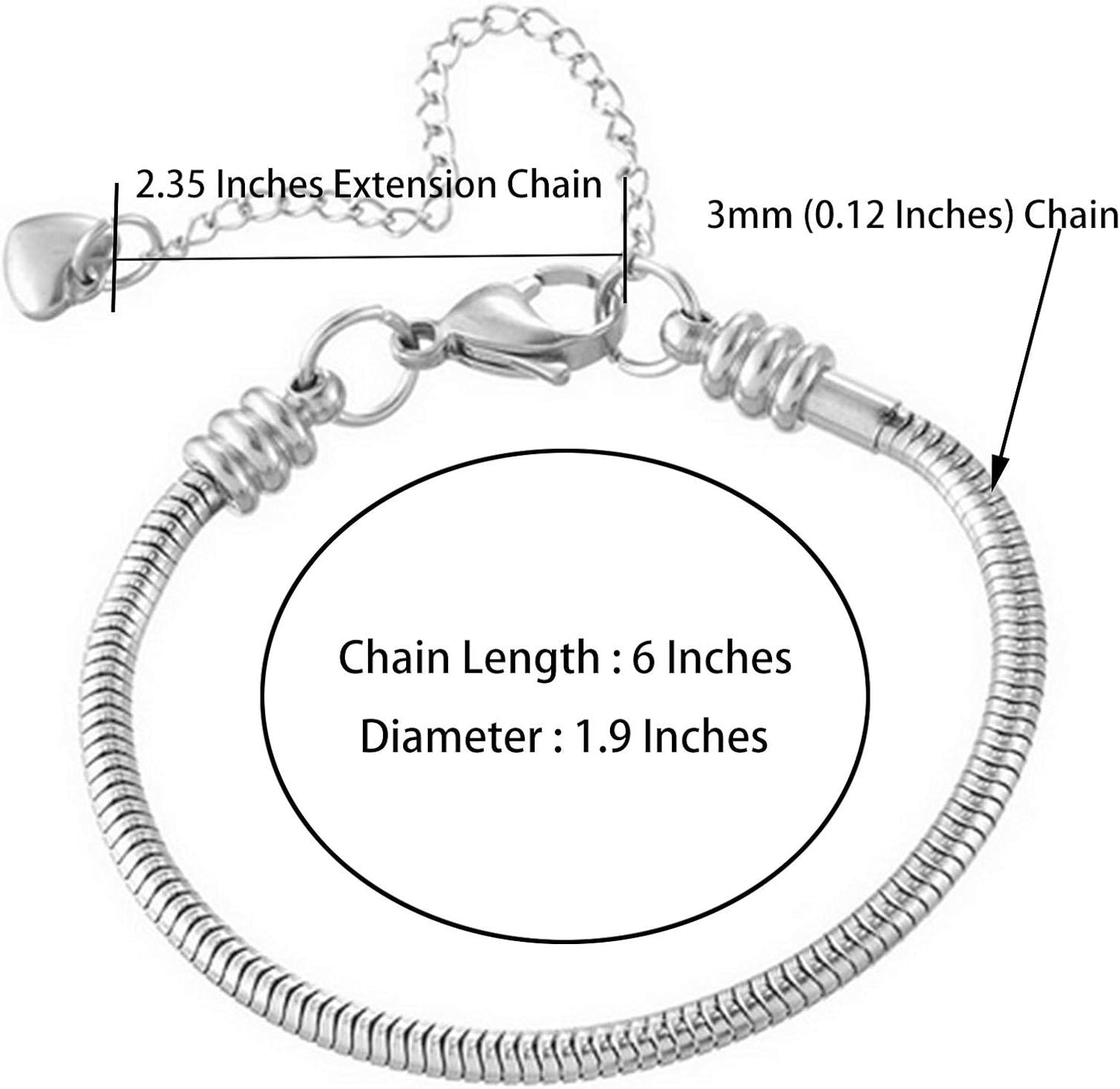 Skiennix Women's Snake Chain Charm Bracelet - Memorial Slider Design, 6 Inch Stainless Steel