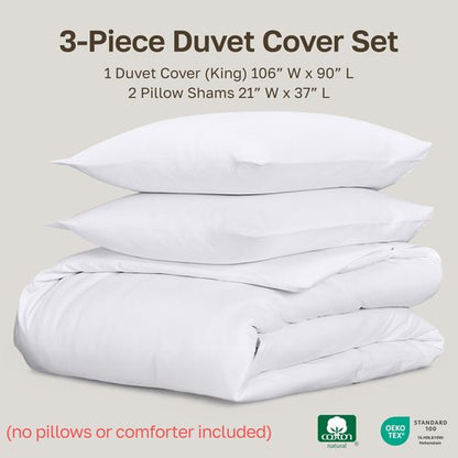 California Design Den 3 Pc White King Duvet Cover Set - Winner Good Housekeeping Best Bedding Awards 2025, 400 Thread Count Sateen, 100% Cotton Duvet Cover Set, Button Closure, Corner Ties - White