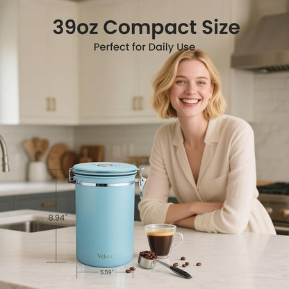Veken Coffee Canister - 39oz Airtight Stainless Steel Storage for 2.2lbs Coffee, Tea & Sugar | Blue