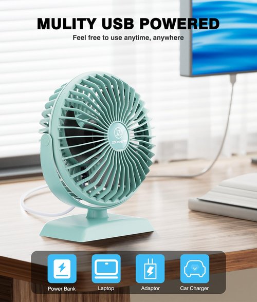 JZCreater USB Desk Fan, USB Fan Mini, 360 Rotation Desktop Fan with 3 Speed, Table Personal Cooling Fan, Quiet Mini Desk Fan, USB Powered, Small Fan for Home Office Bedroom Car Travel,Green