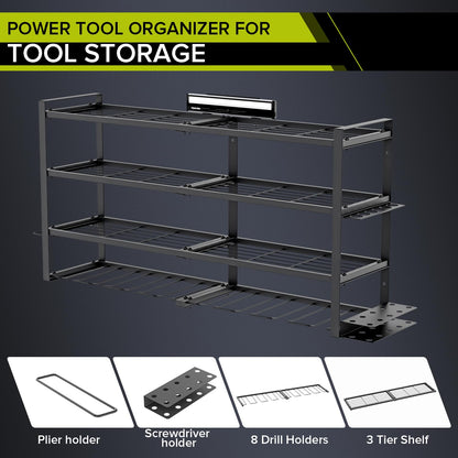 viyawise Power Tool Organizer Wall Mount, 4-Tier Power Tool Organizer with LED Lighting, 8 Drill Holder Garage Organizer and Storage, Heavy-Duty 150 lbs Capacity for Garage Guarantee (Large)