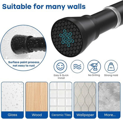 Black Tension Curtain Rod - Adjustable 28 to 48 Inch No-Drill Design for Windows & Bathrooms