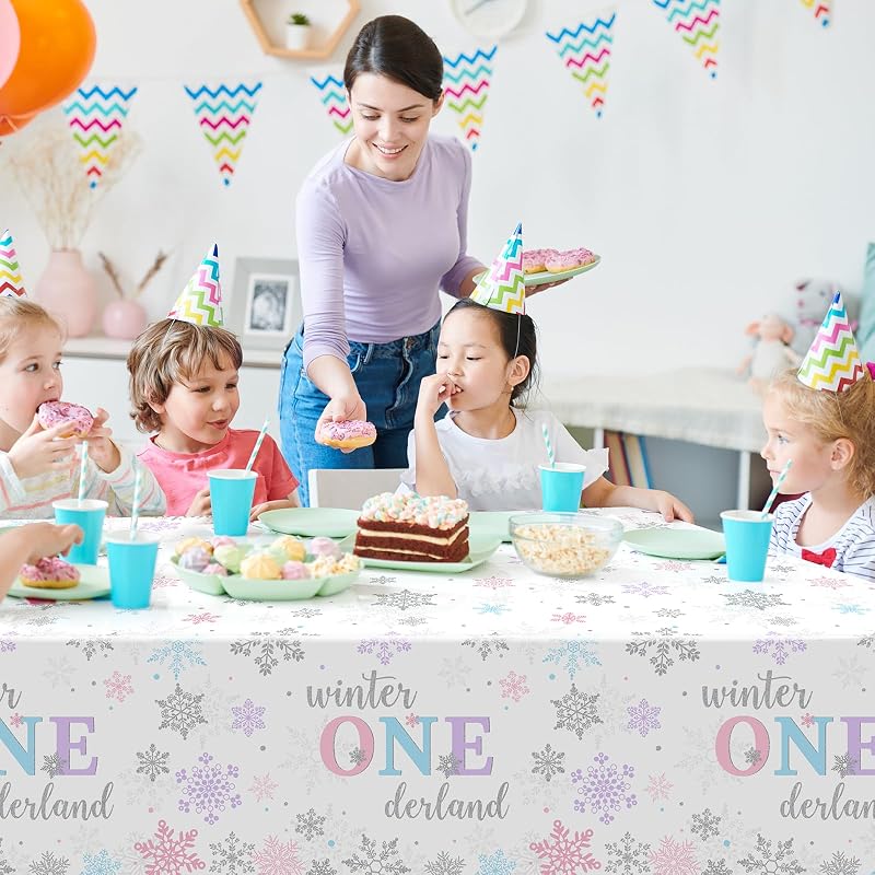 6Pcs Winter Onederland Tablecloths 54x108 in - Snowflake Disposable Party Covers (Purple Pink Blue) 6 Pack