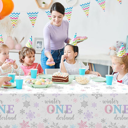 6Pcs Winter Onederland Tablecloths 54x108 in - Snowflake Disposable Party Covers (Purple Pink Blue) 6 Pack